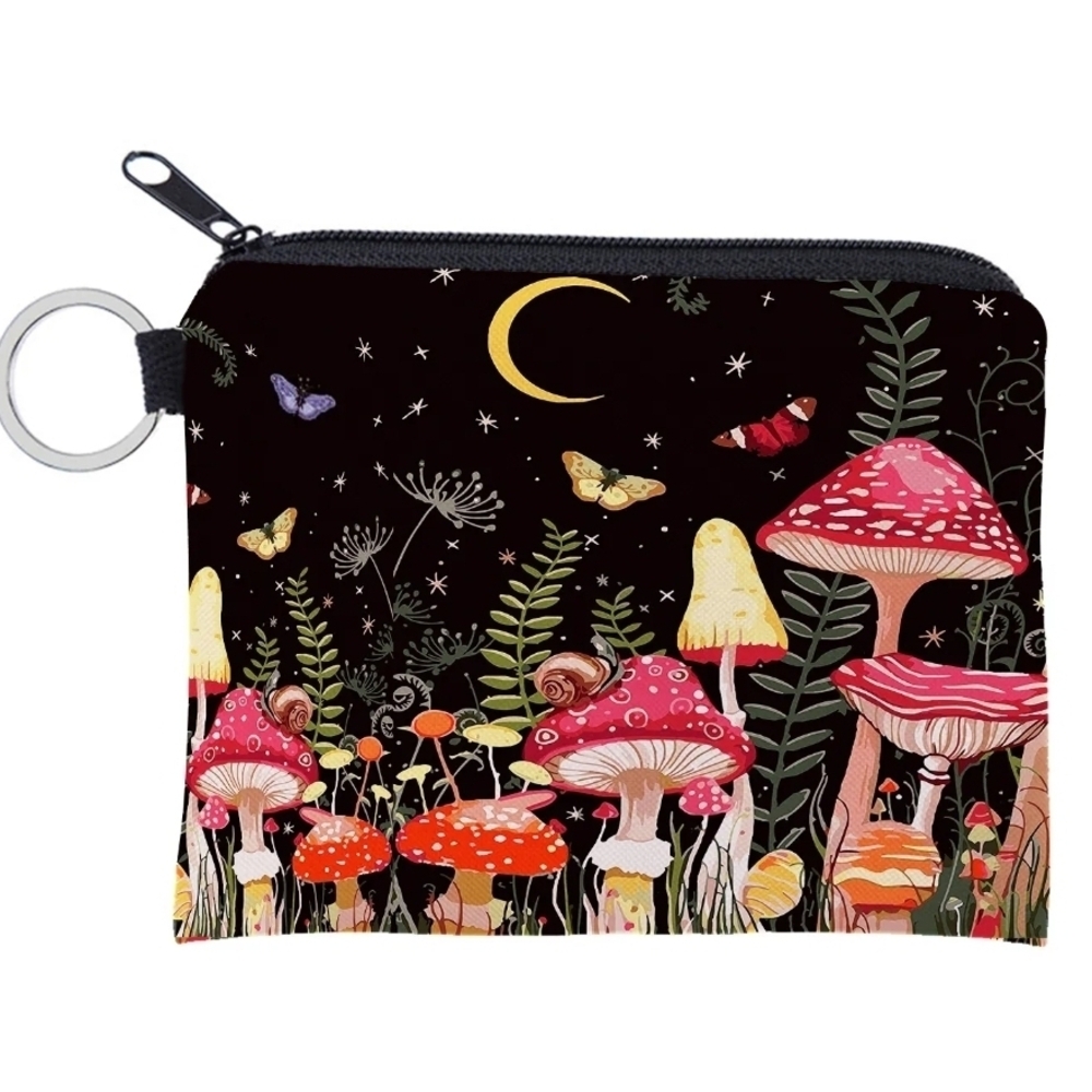 Mushroom Nightscape Coin Purse - Black with Pink & Yellow Mushrooms